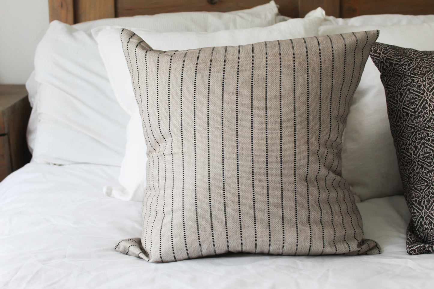 Beige stripe cotton cushion with feather insert 45x45xm