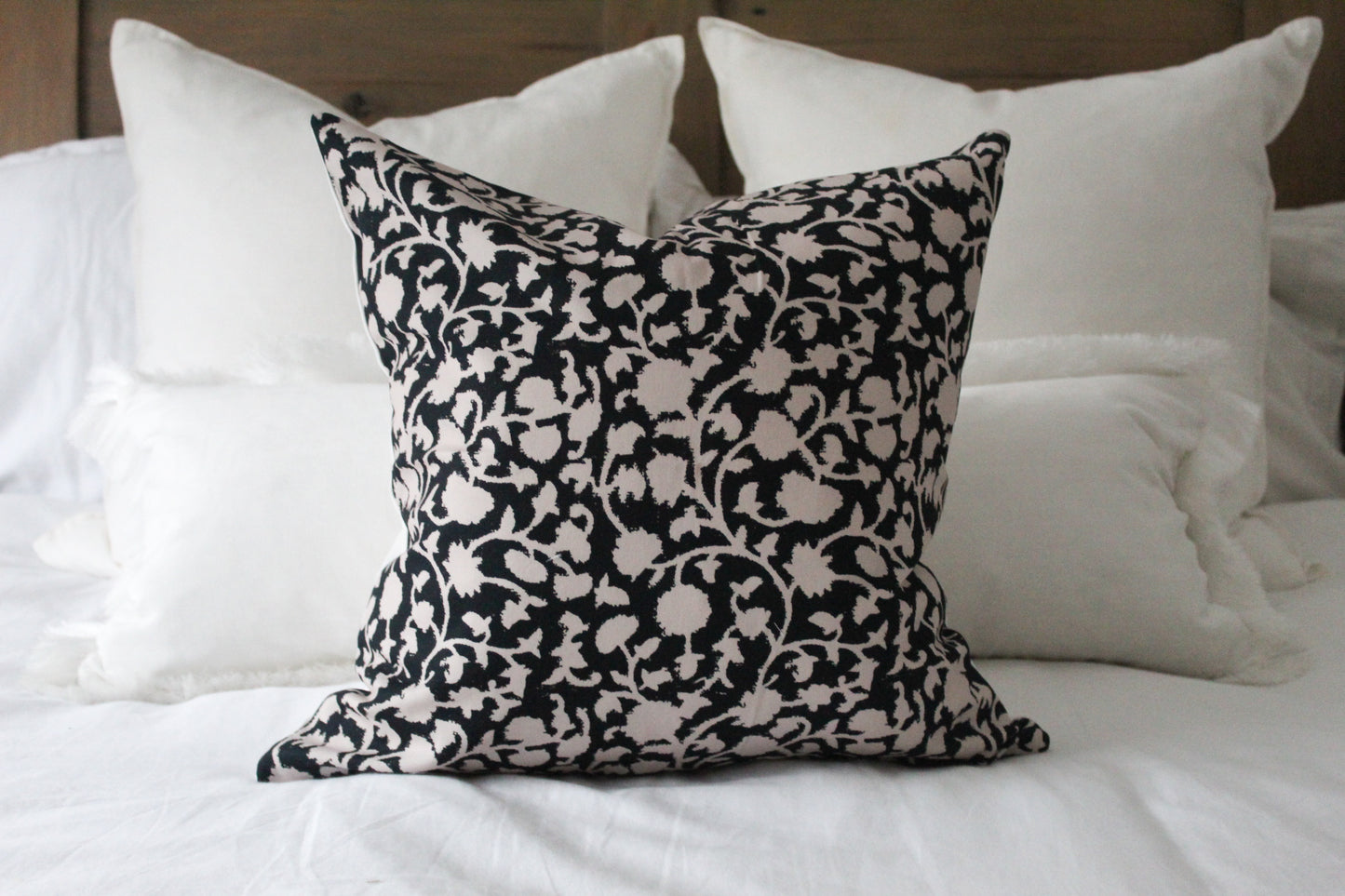 Black floral patterned cotton cushion 45 x 45cm