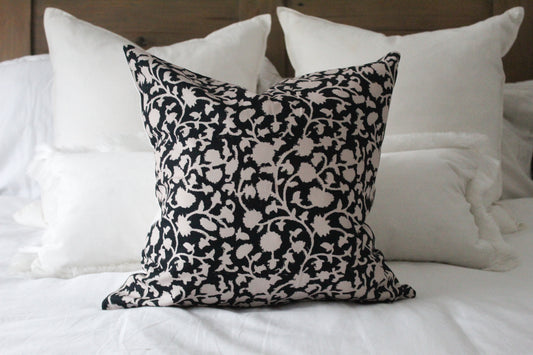 Black floral patterned cotton cushion 45 x 45cm