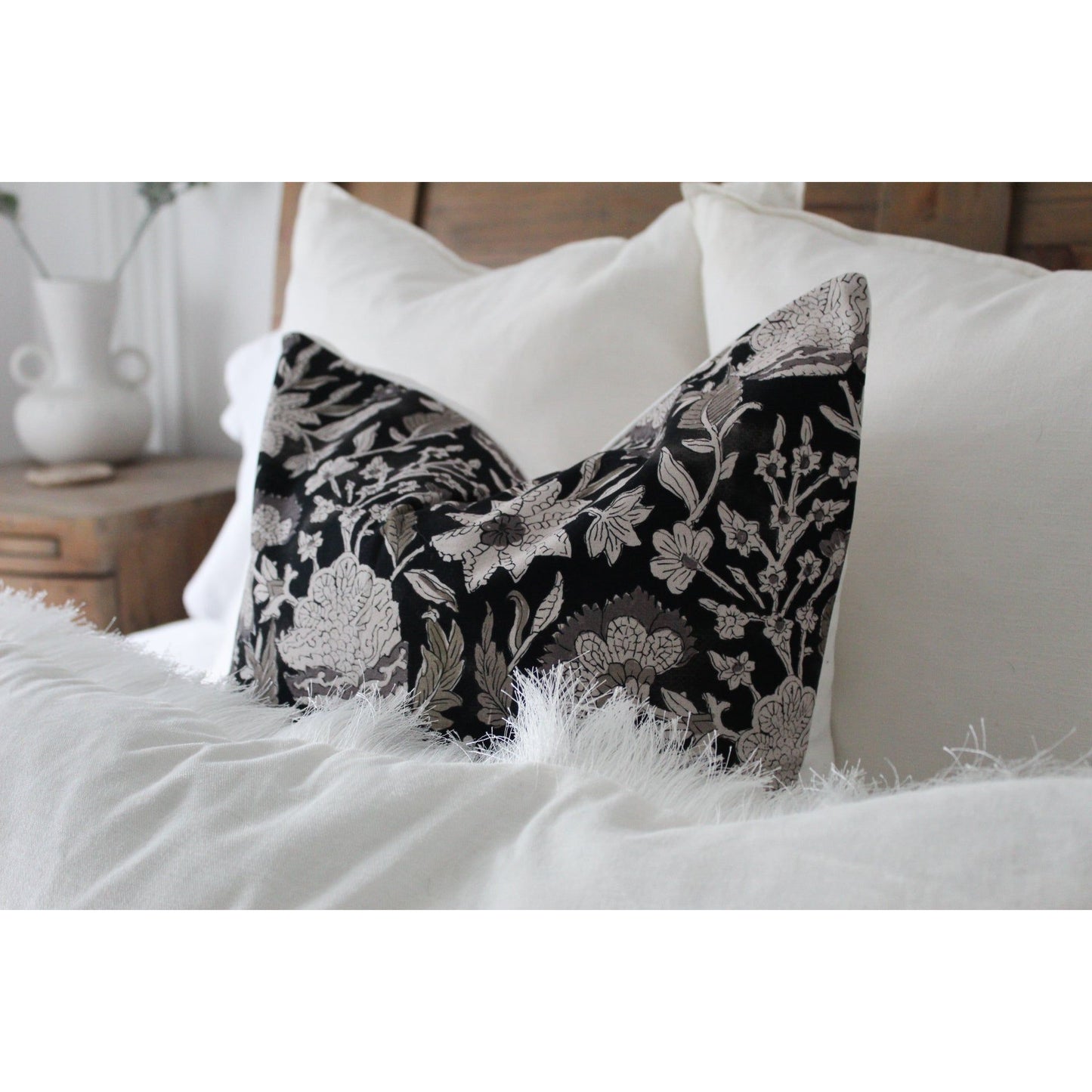 Black and green floral cotton cushion 45 x 45cm