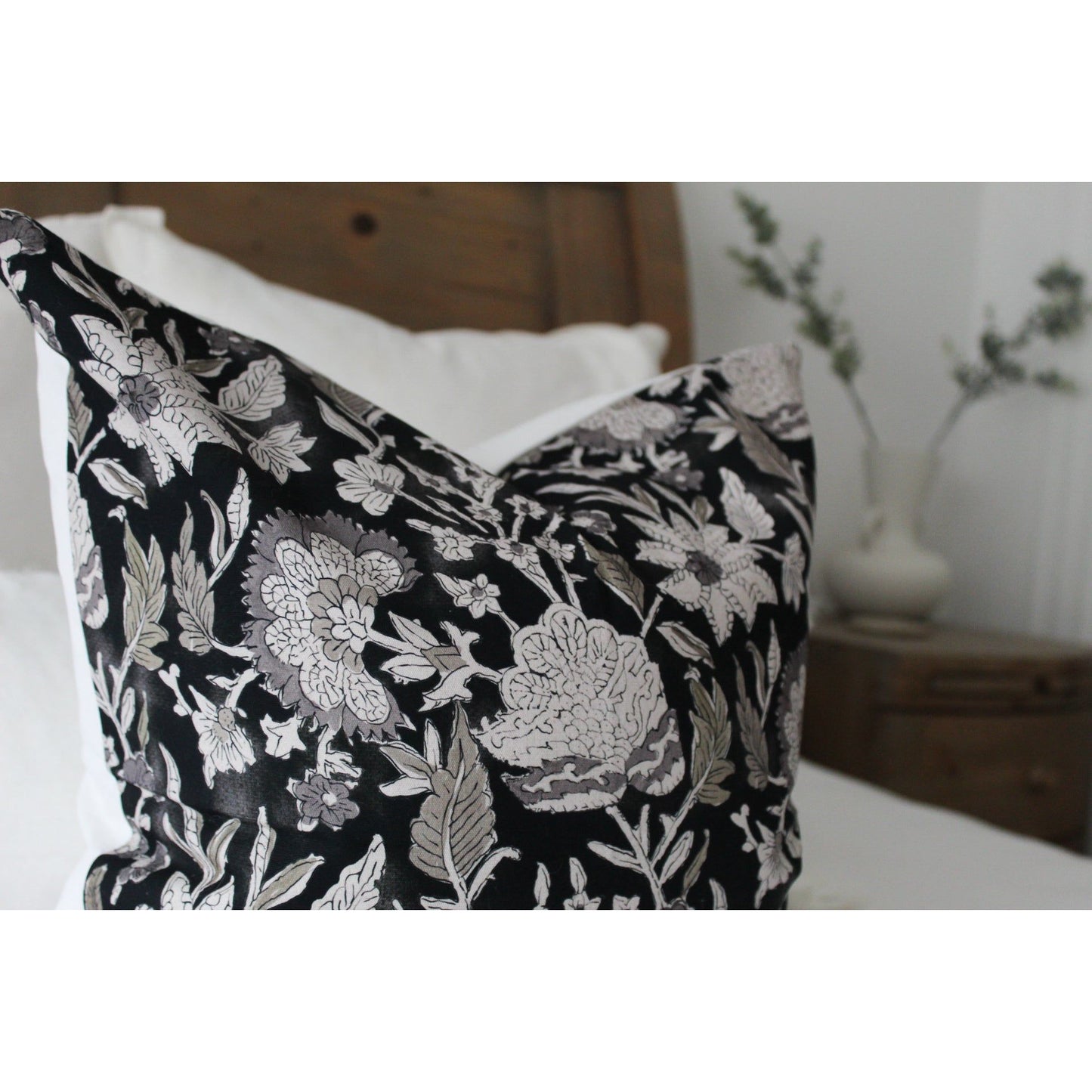 Black and green floral cotton cushion 45 x 45cm