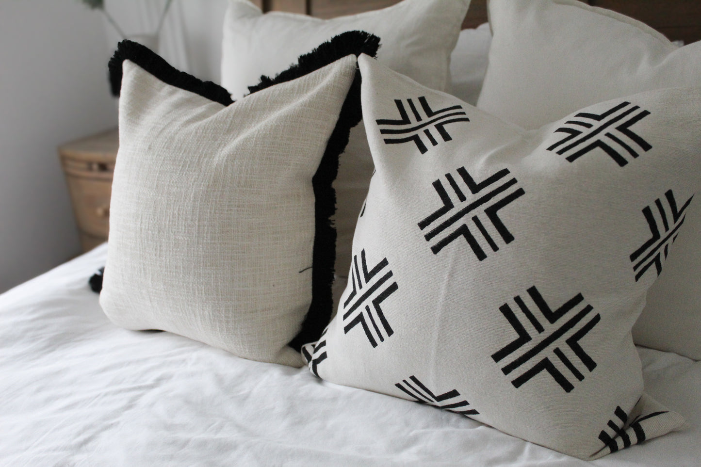 Beige and Black Fringe cotton cushion with duck feather insert 45x45cm