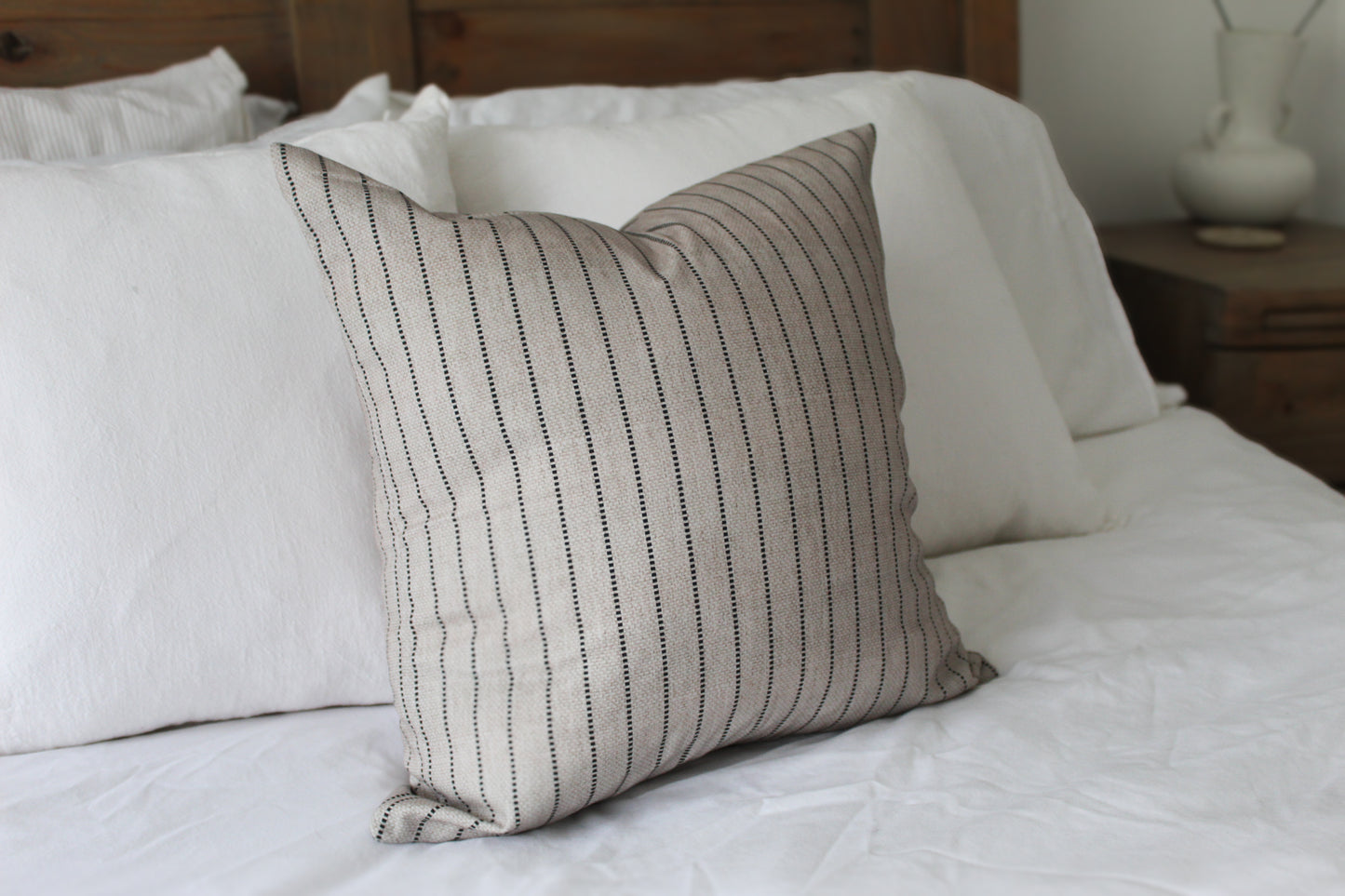 Beige stripe cotton cushion with feather insert 45x45xm