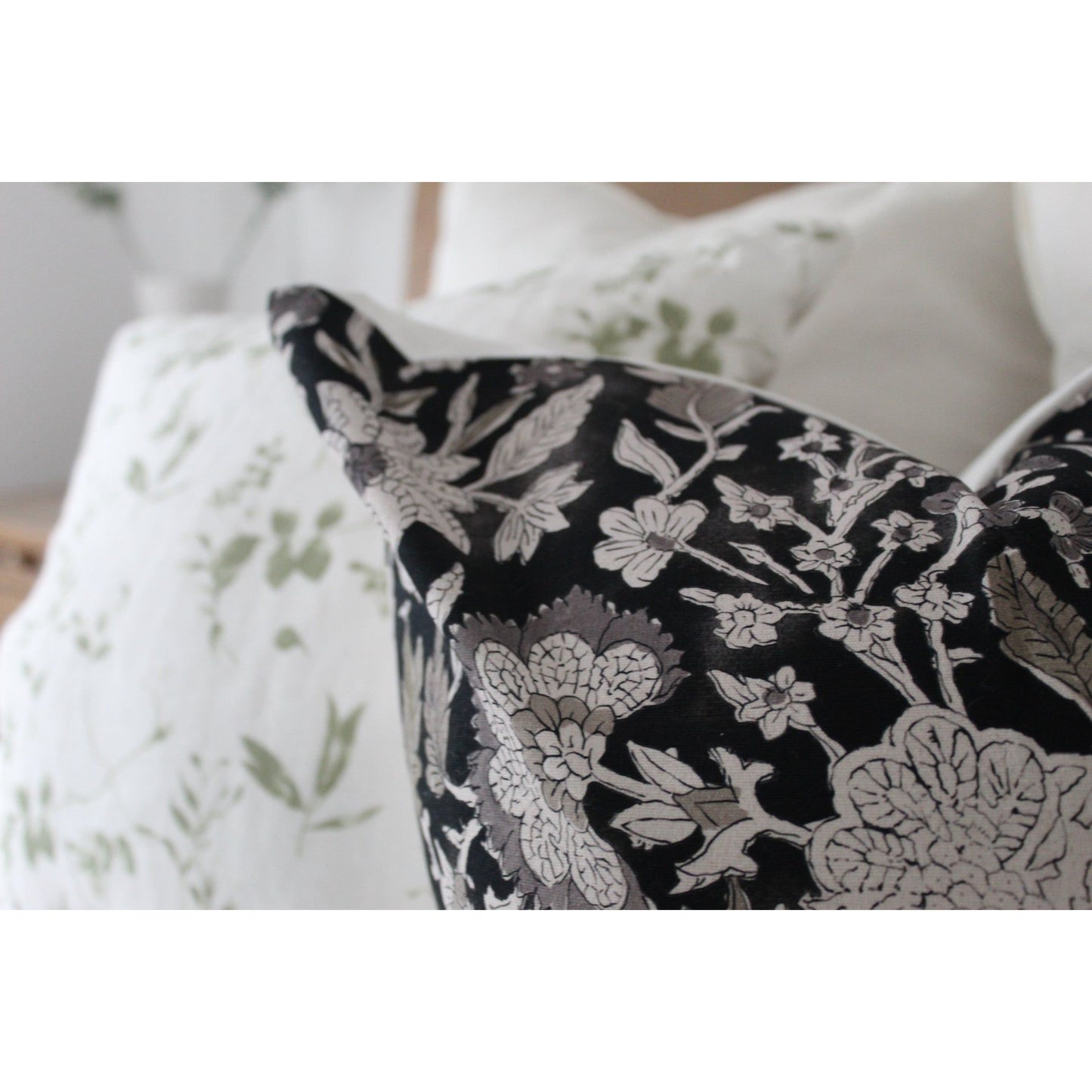 Black and green floral cotton cushion 45 x 45cm