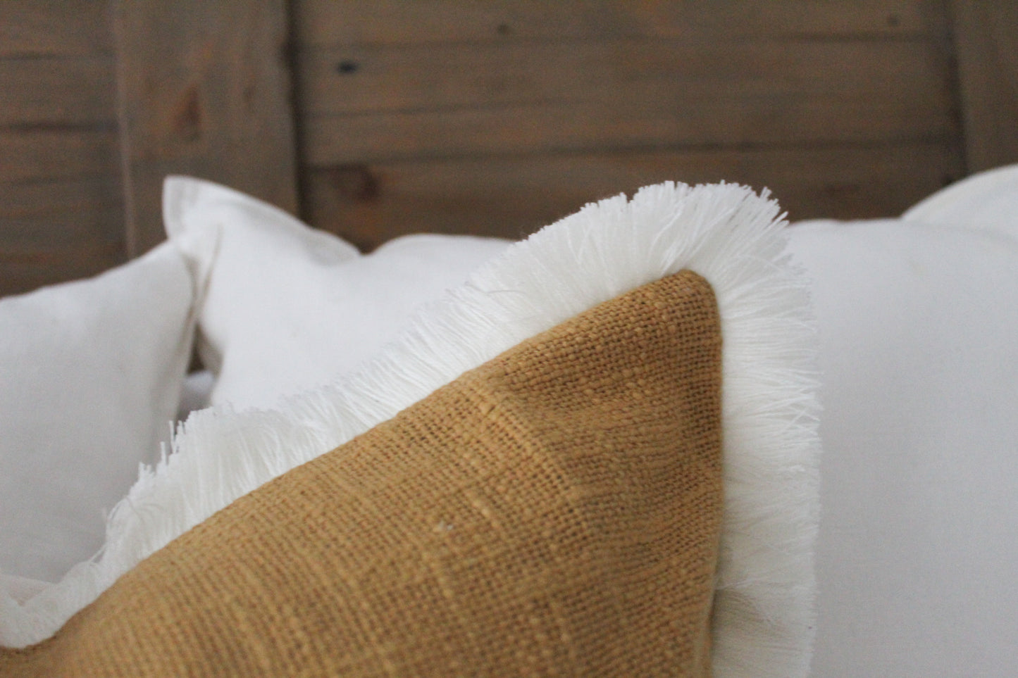 Mustard cream fringe trim cotton cushion 45 x 45cm