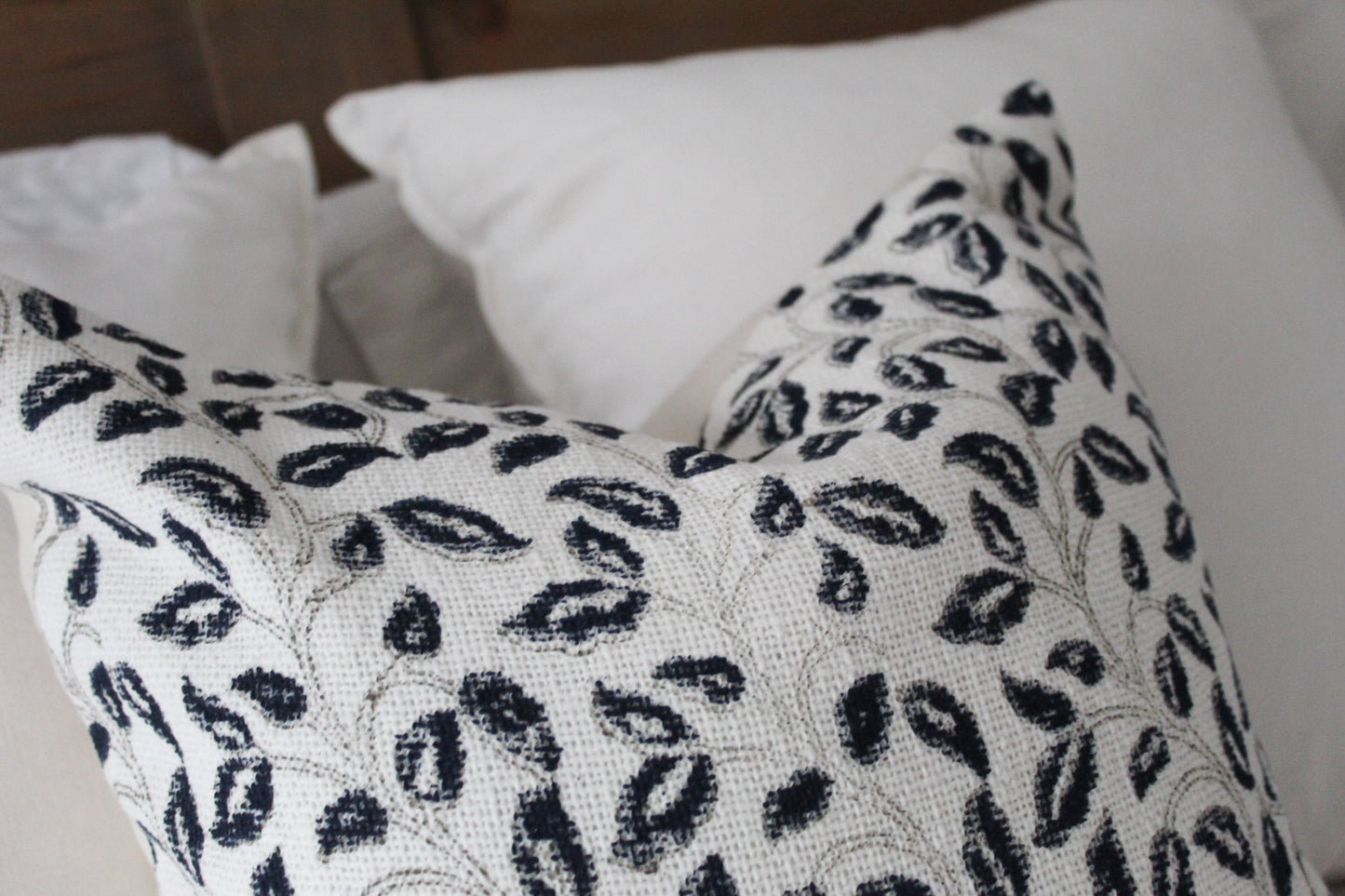 Floral print ivory and navy cotton country cushion 45x45cm