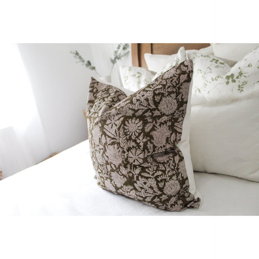 Green country style floral cotton cushion with duck feather insert 45 x 45cm