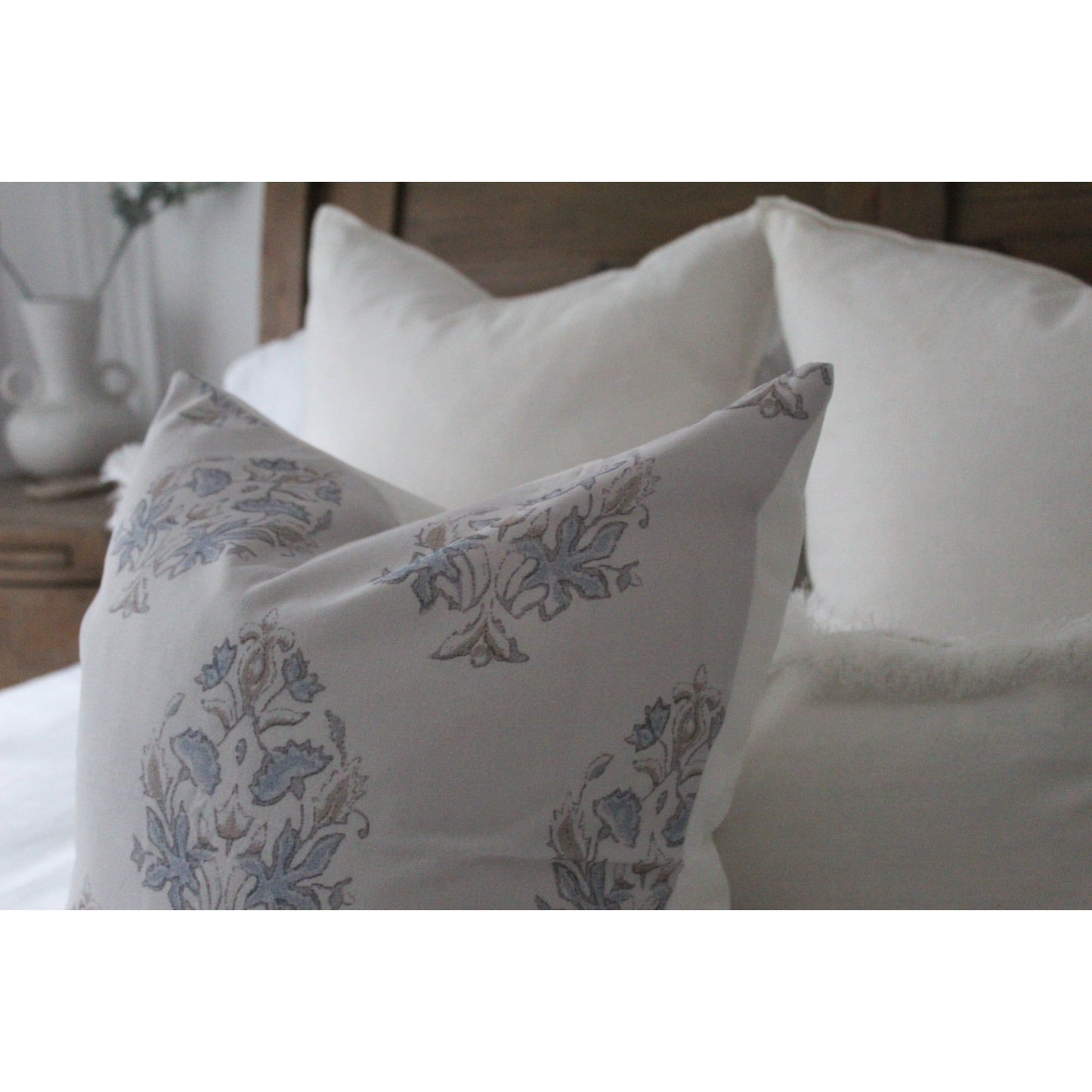 Light grey and blue cotton floral cushion 45 x 45cm