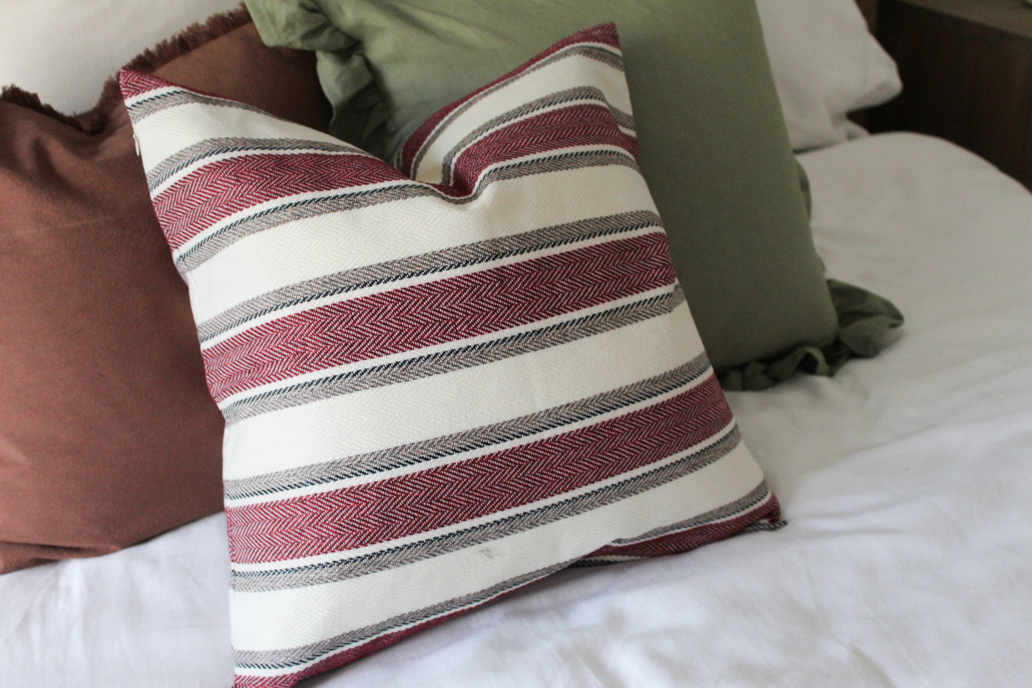 Red stripe tweed effect cotton cushion 45x45cm