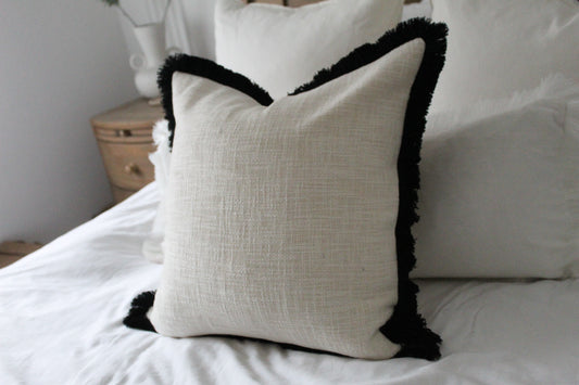 Beige and Black Fringe cotton cushion with duck feather insert 45x45cm