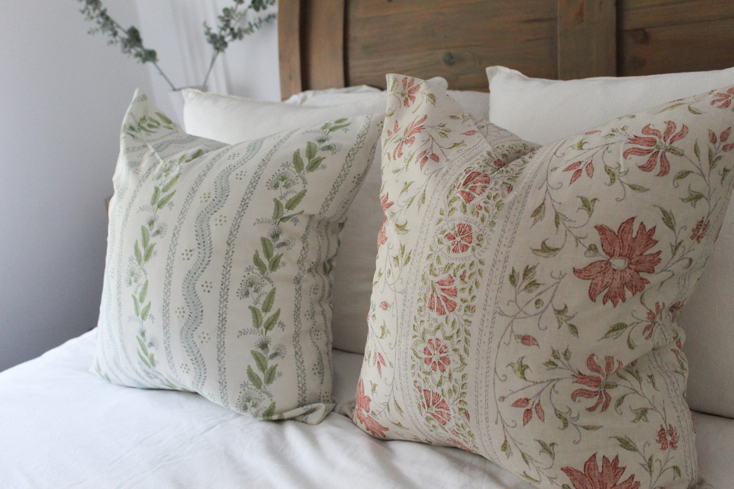 Leaf print red cotton cushion with feather insert 50x50cm