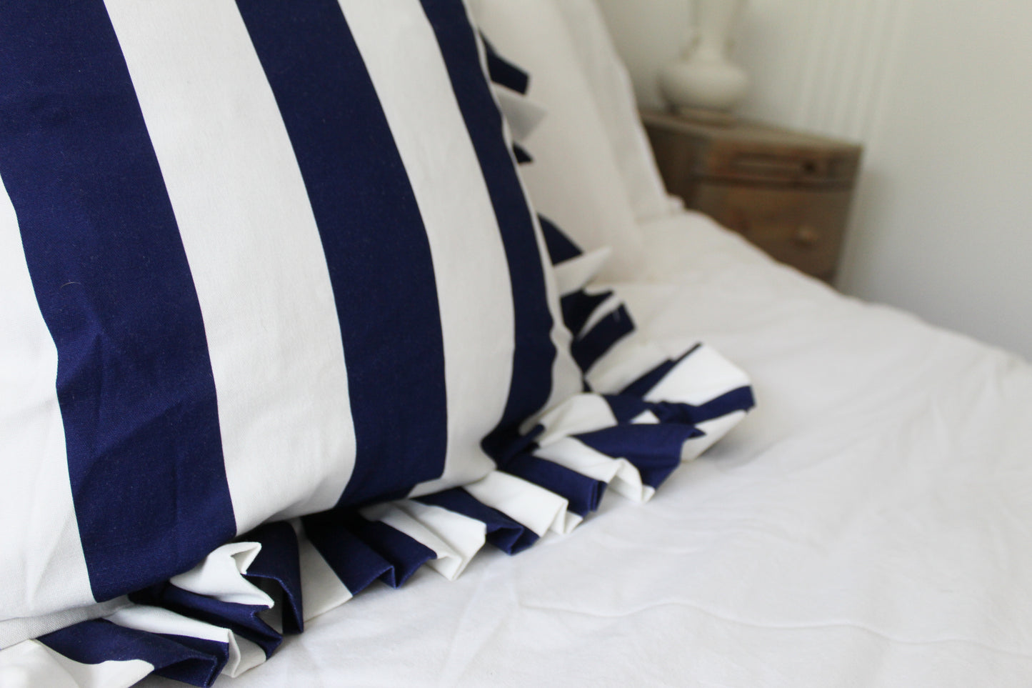Ruffle navy stripe cotton cushion with duck feather inset 45x45cm