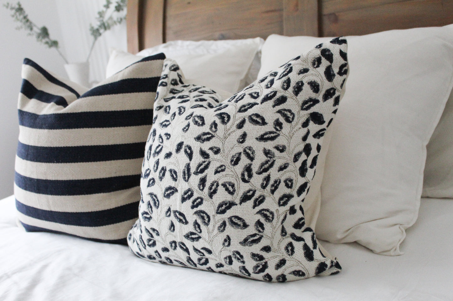 Floral print ivory and navy cotton country cushion 45x45cm