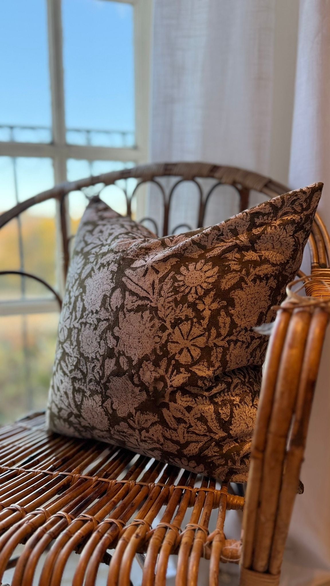 Green country style floral cotton cushion with duck feather insert 45 x 45cm