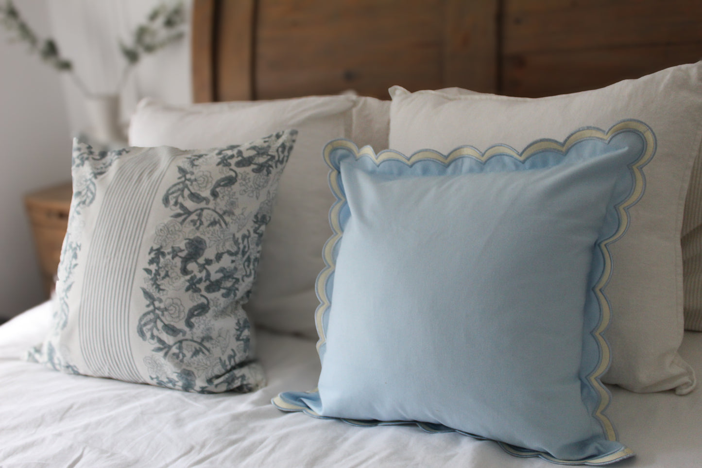 Blue scalloped edge cushion with duck feather insert 45x45cm
