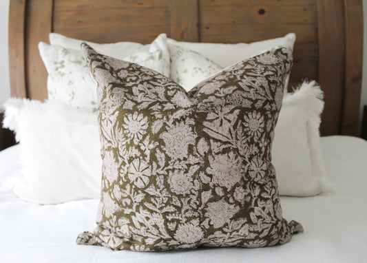 Green country style floral cotton cushion with duck feather insert 45 x 45cm