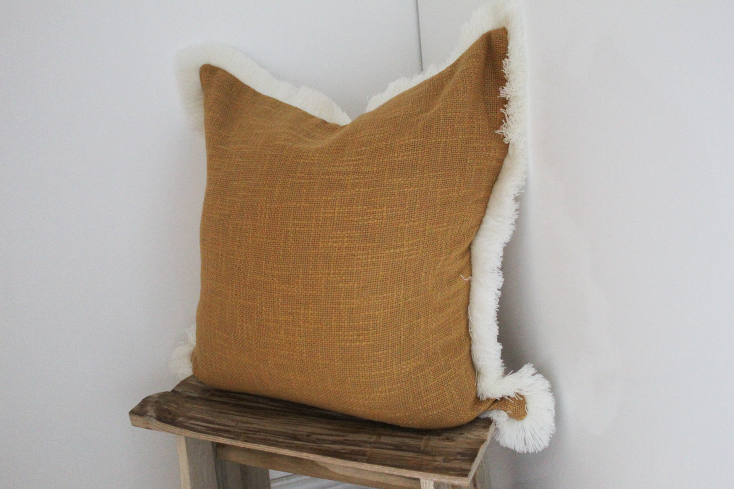 Mustard cream fringe trim cotton cushion 45 x 45cm