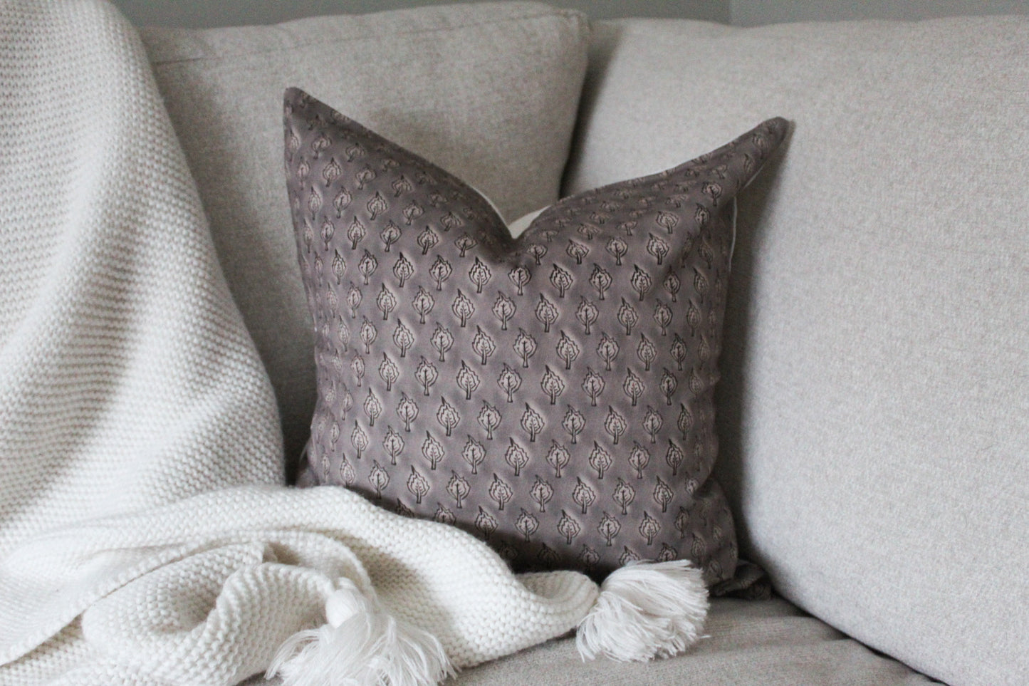 Leaf print brown cotton cushion 45x45cm