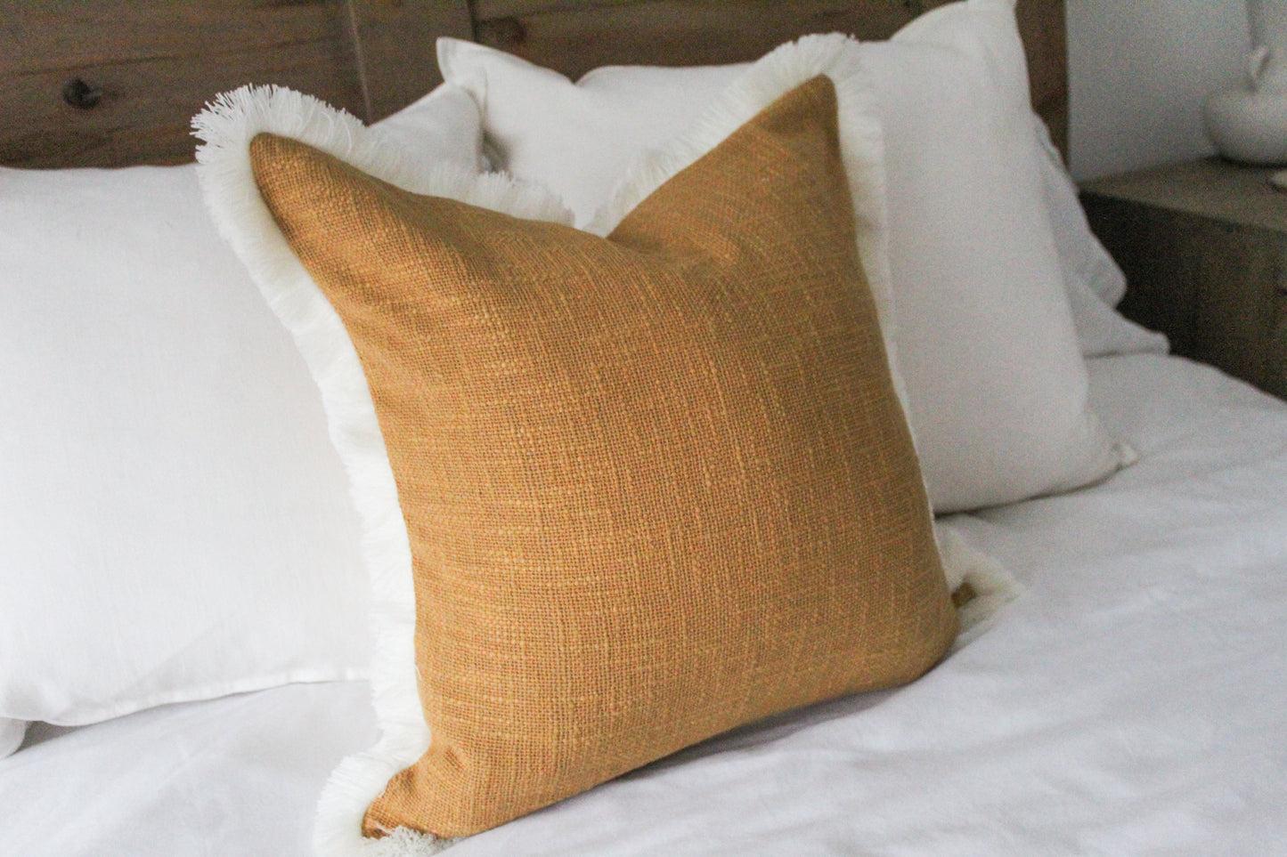 Mustard cream fringe trim cotton cushion 45 x 45cm
