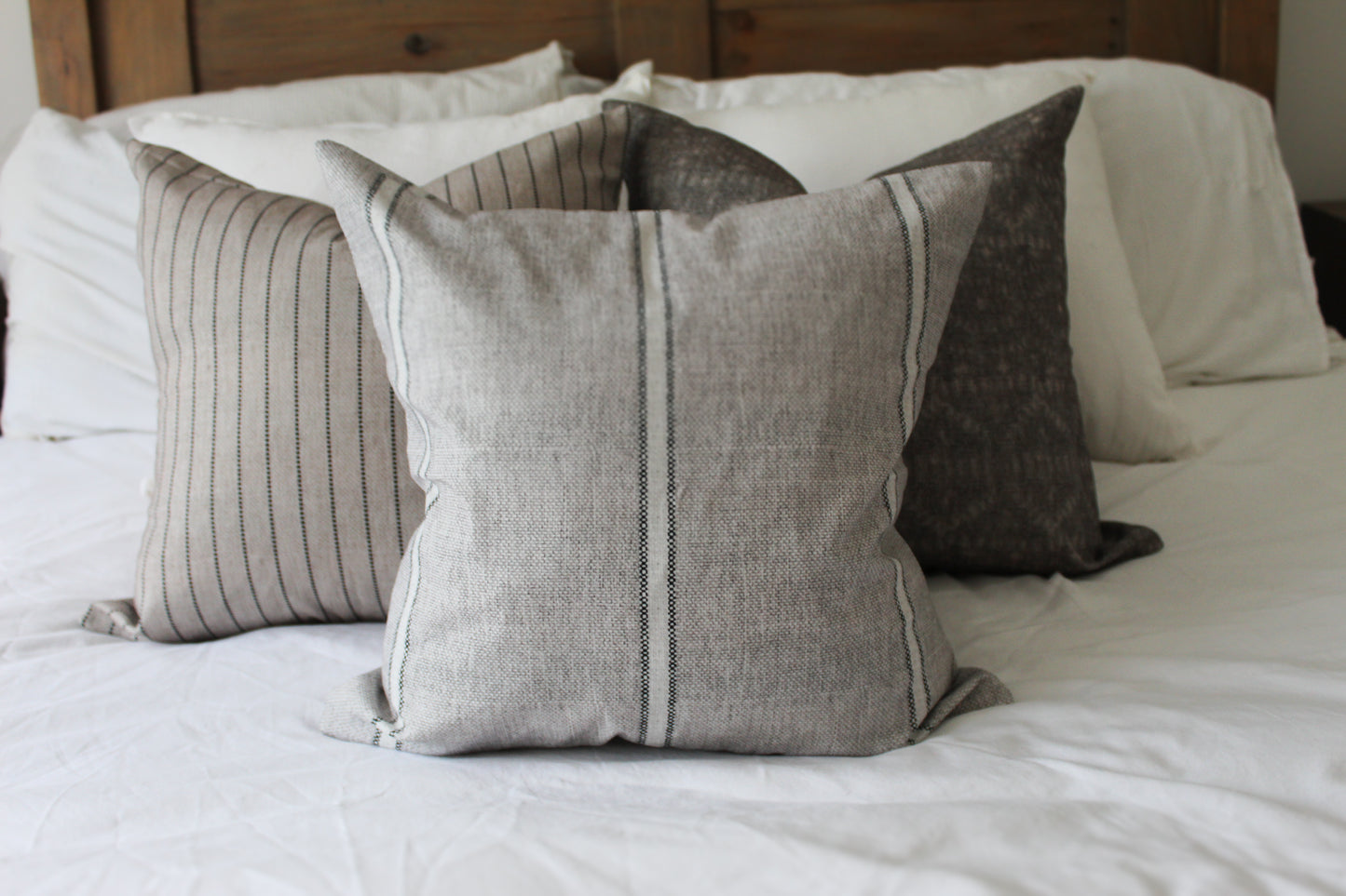 Grey stripe cotton cushion with feather insert 45x45cm