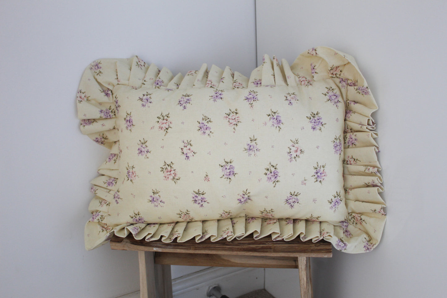 Pastle yellow ruffle floral cotton cushion cover 50x30cm