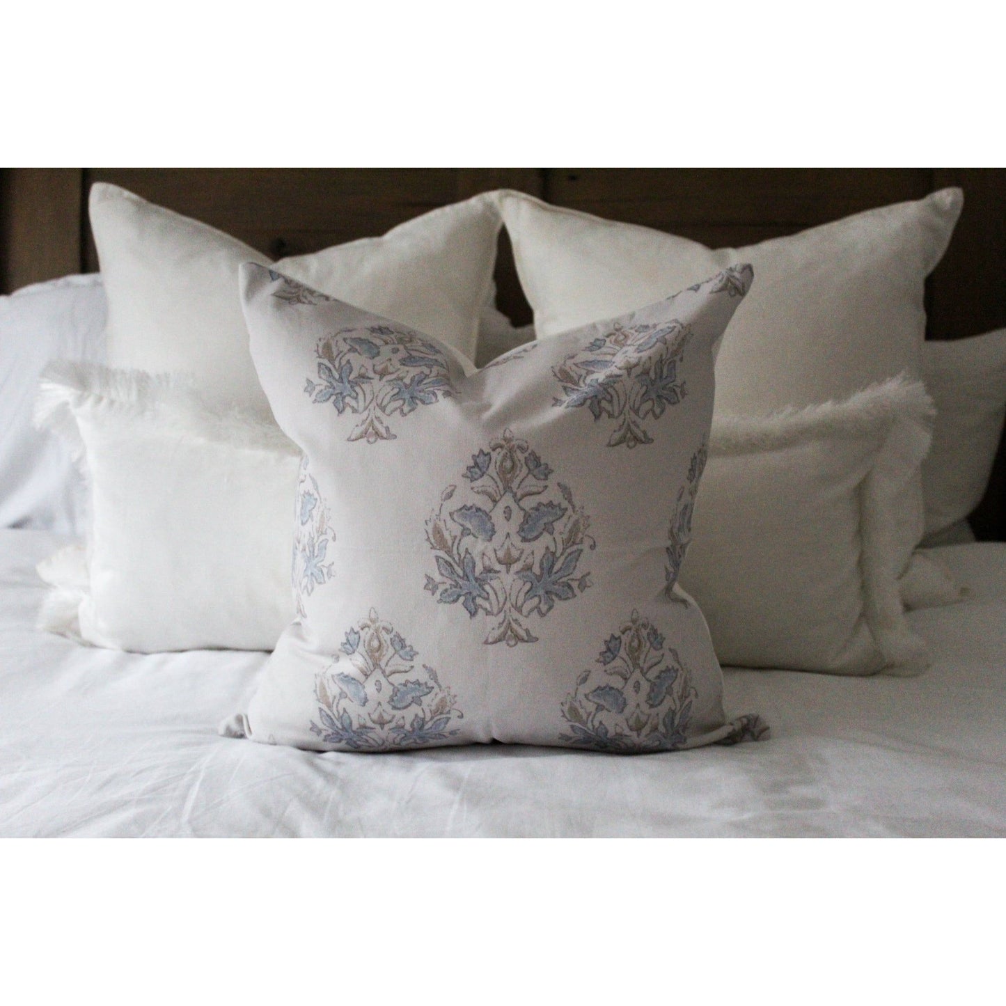 Light grey and blue cotton floral cushion 45 x 45cm