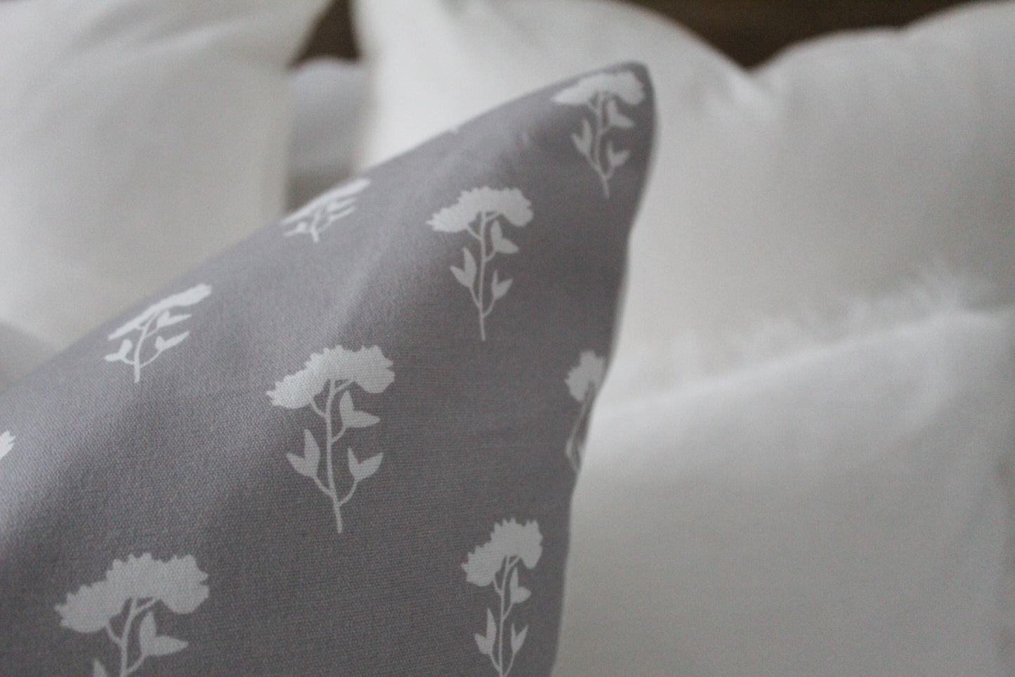 Grey and white floral print cotton cushion 45x45cm