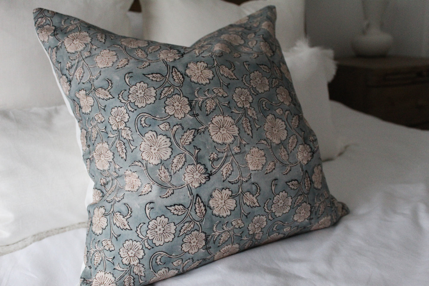 Teal floral print cotton cushion 45x45