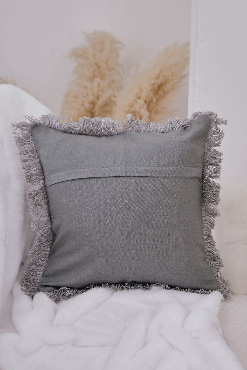 Grey Fringe Cotton Cushion Cover - Emilia