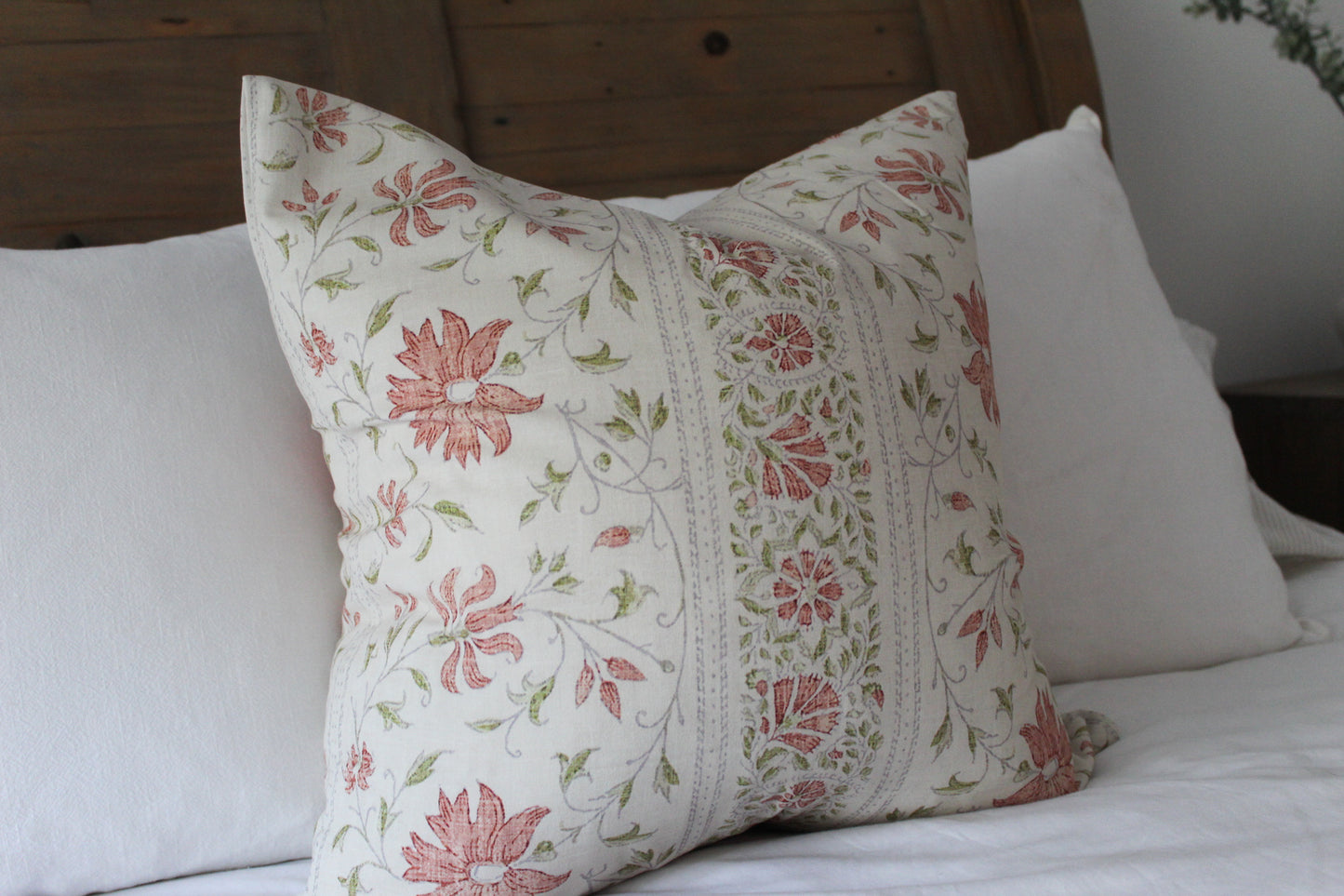 Leaf print red cotton cushion with feather insert 50x50cm