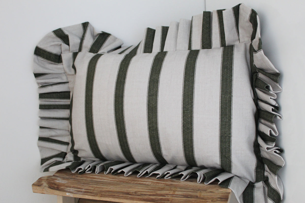 Frilly green stripe cushion cover