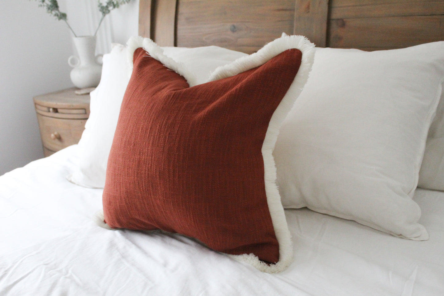 Terracotta fringed cream trim cotton cushion 45 x 45cm
