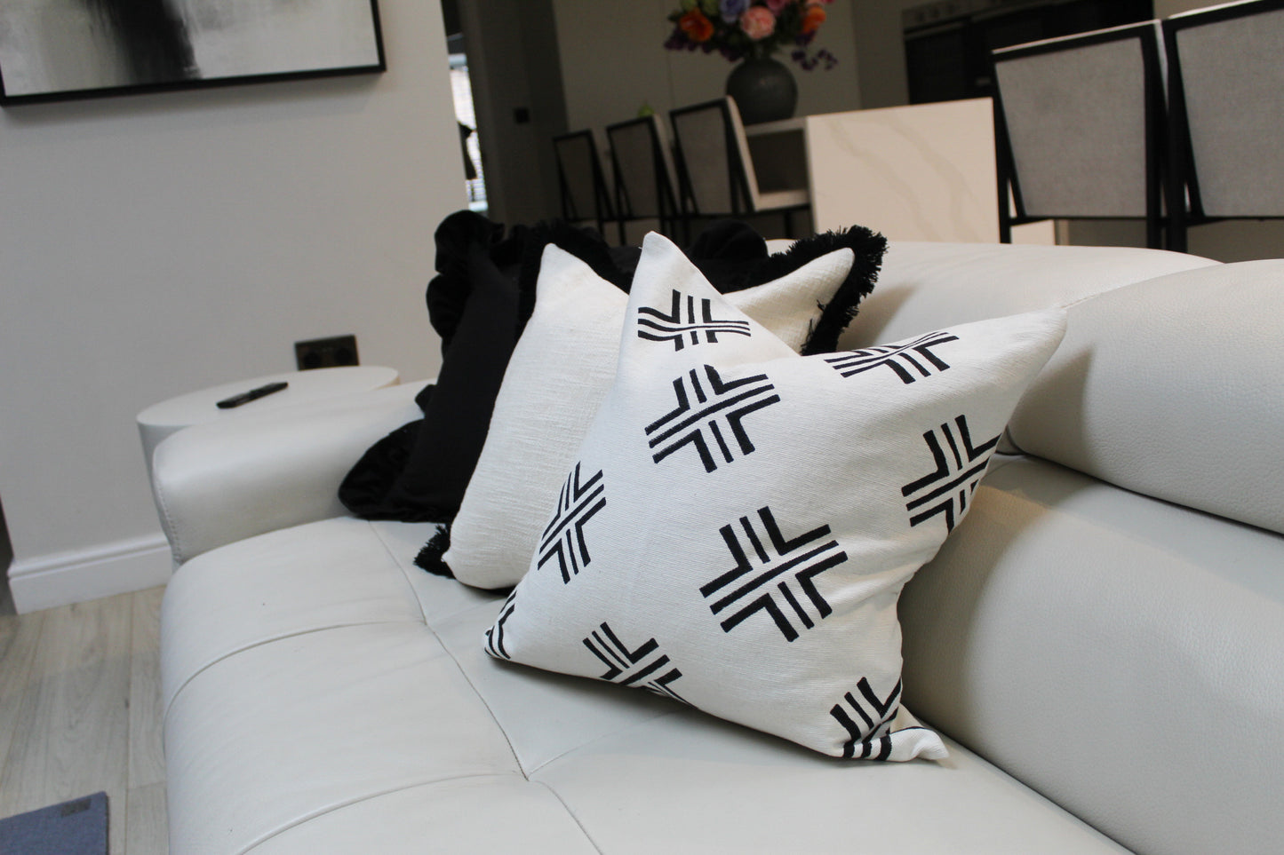 Ivory cross print cotton cushion 45x45cm