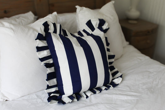 Ruffle navy stripe cotton cushion with duck feather inset 45x45cm