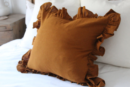 Terracotta ruffle linen cushion 45 x 45cm