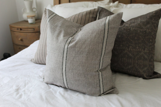 Grey stripe cotton cushion with feather insert 45x45cm