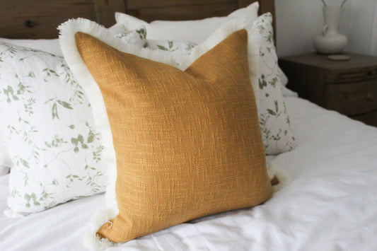 Mustard cream fringe trim cotton cushion 45 x 45cm
