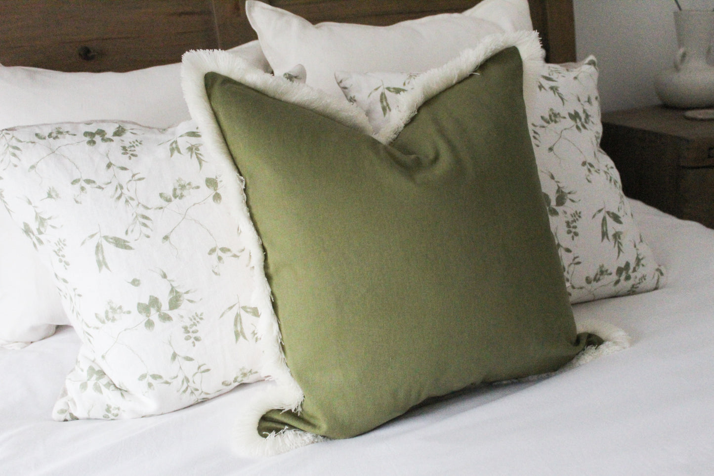 Olive cream fringe trim cotton cushion 45 x 45cm