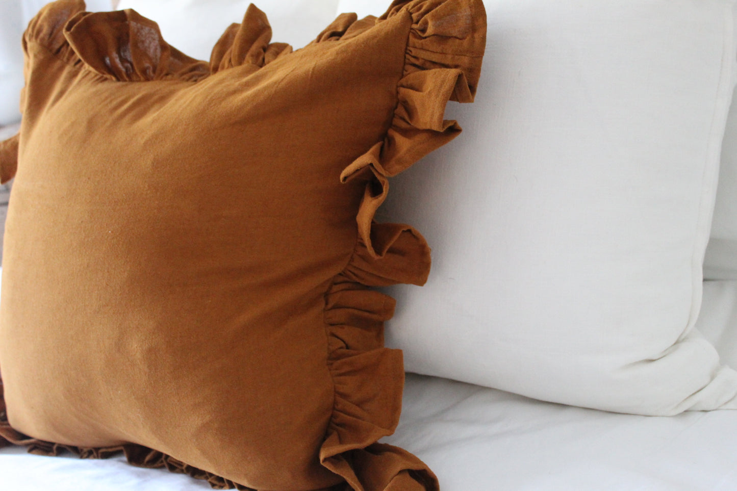 Terracotta ruffle linen cushion 45 x 45cm