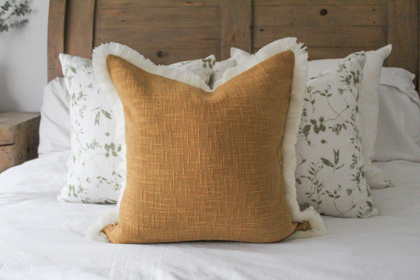 Mustard cream fringe trim cotton cushion 45 x 45cm