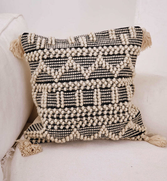 Black Tassel Handloom Cotton Cushion with tassels 45x45cm