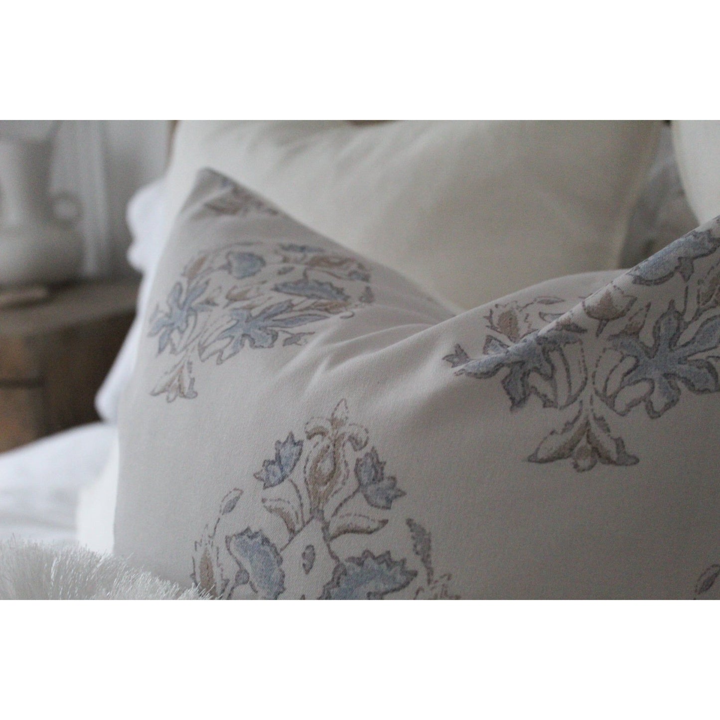 Light grey and blue cotton floral cushion 45 x 45cm