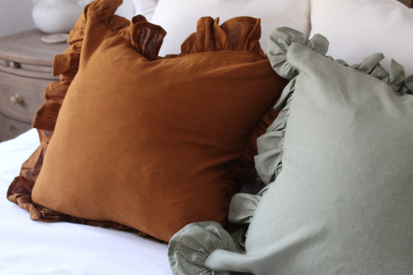 Terracotta ruffle linen cushion 45 x 45cm