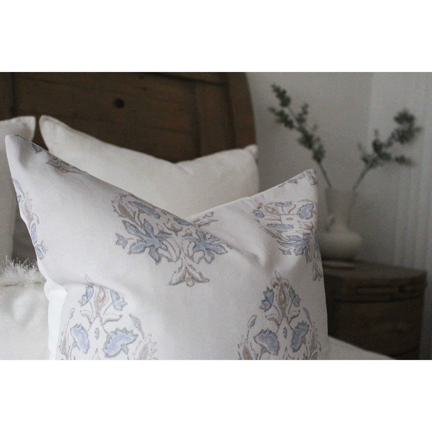 Light grey and blue cotton floral cushion 45 x 45cm