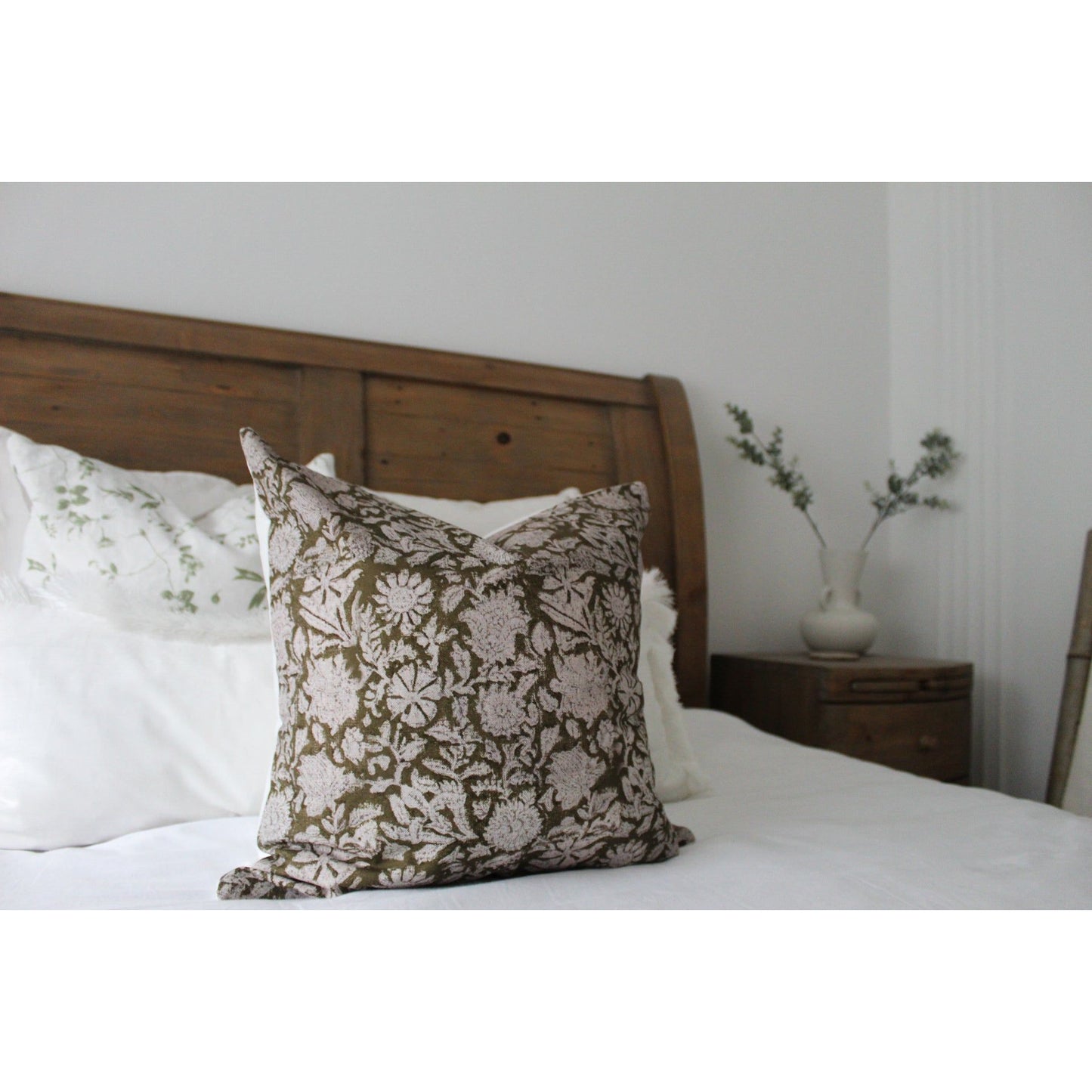 Green country style floral cotton cushion with duck feather insert 45 x 45cm