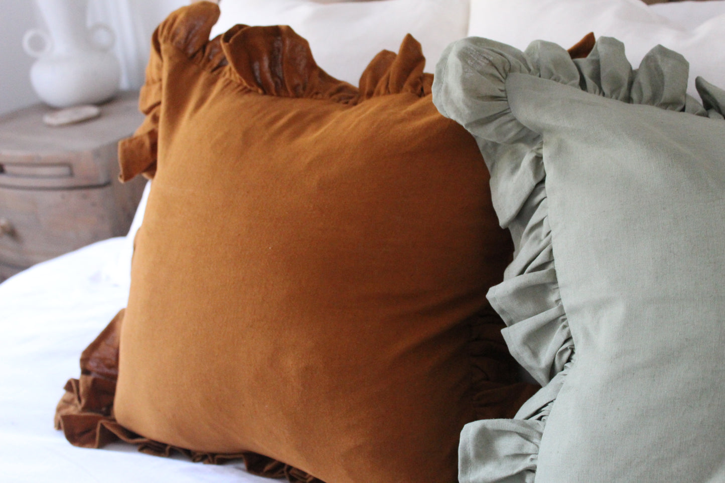 Terracotta ruffle linen cushion 45 x 45cm