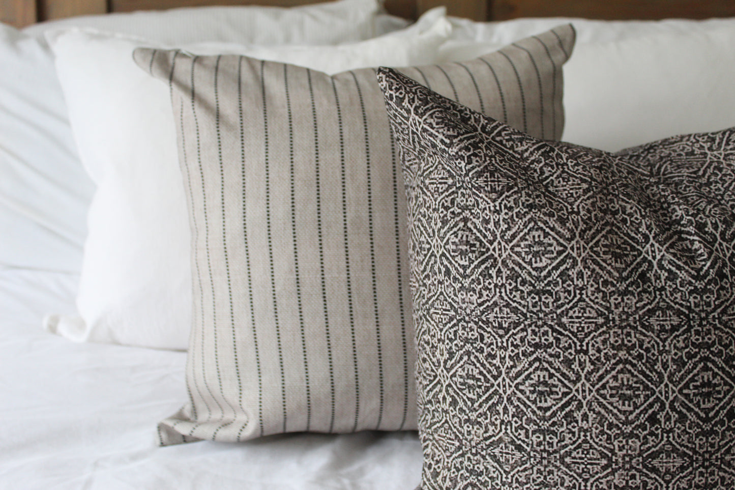 Beige stripe cotton cushion with feather insert 45x45xm