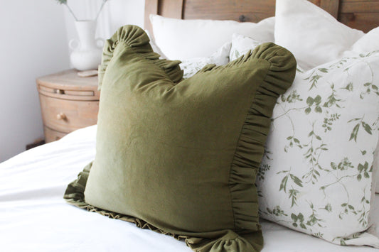 Olive ruffle frill cotton cushion 45 x 45xm