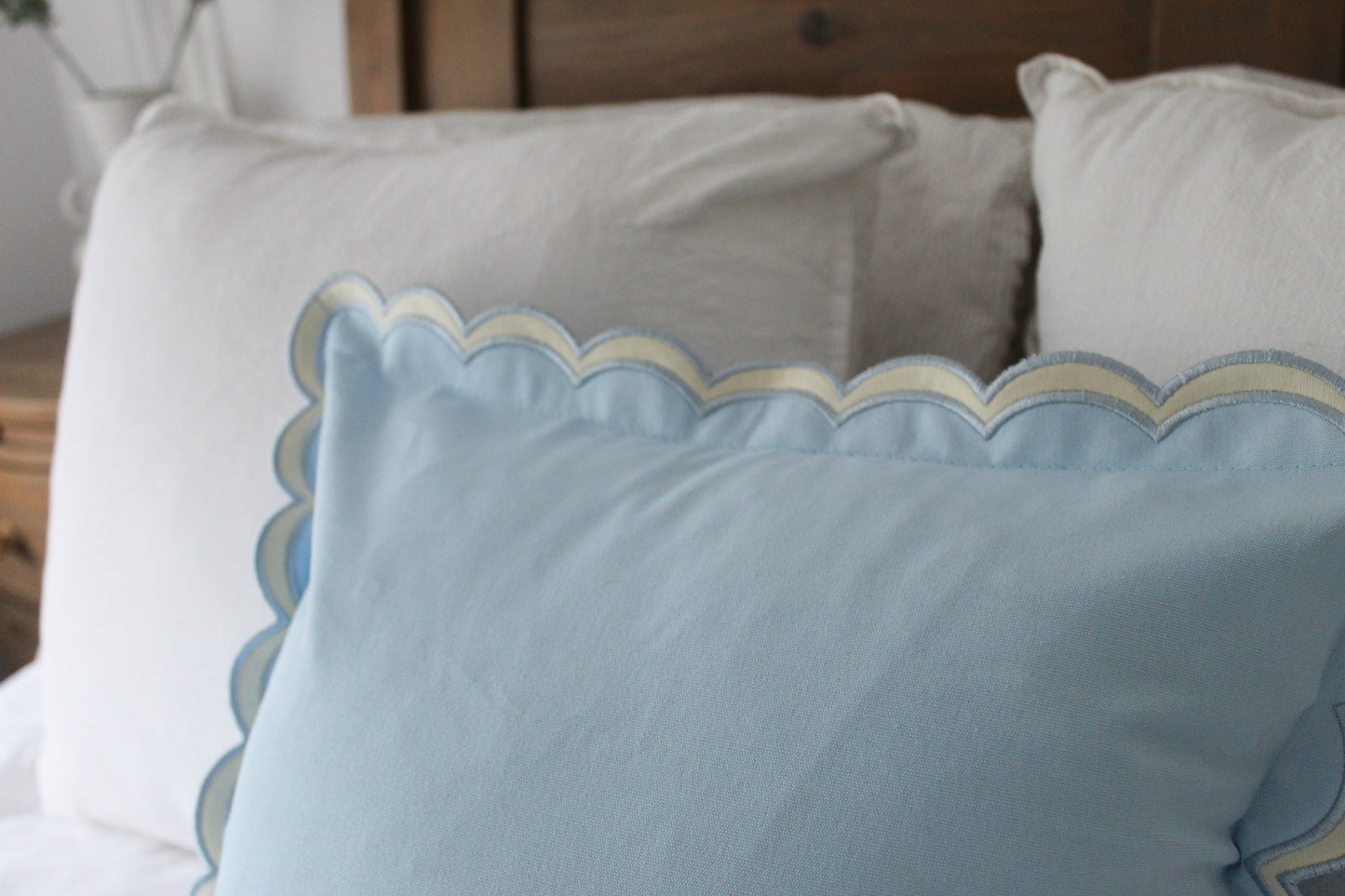 Blue scalloped edge cushion with duck feather insert 45x45cm