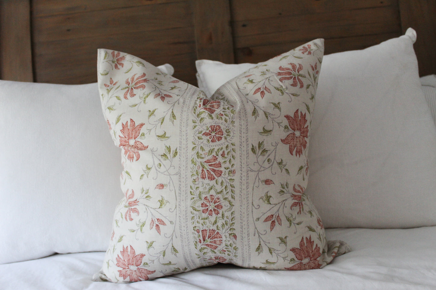 Leaf print red cotton cushion with feather insert 50x50cm